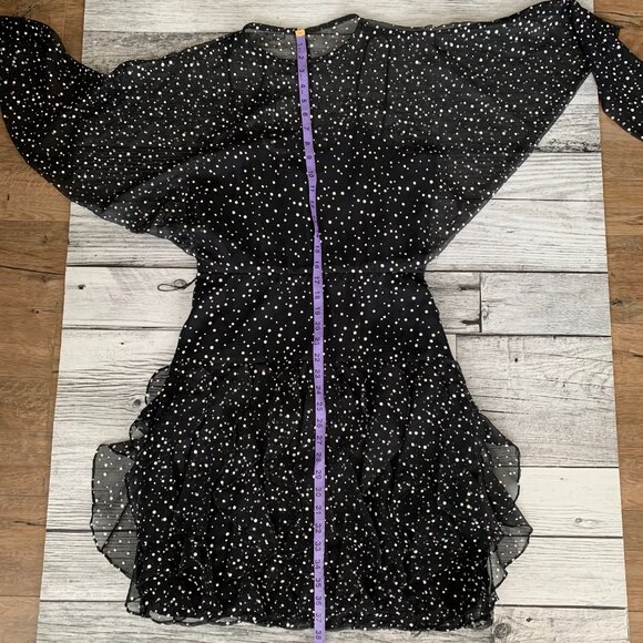Vintage 80s 90s Sheer Polka Dot Overlay Tiered Ruffle Skirt Dolman Sleeve Dress - Picture 14 of 16